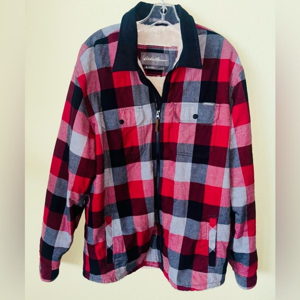 Eddie Bauer Red and Black Checkered Men's Jacket Coat Shacket Size: Tall Large - Picture 2 of 6